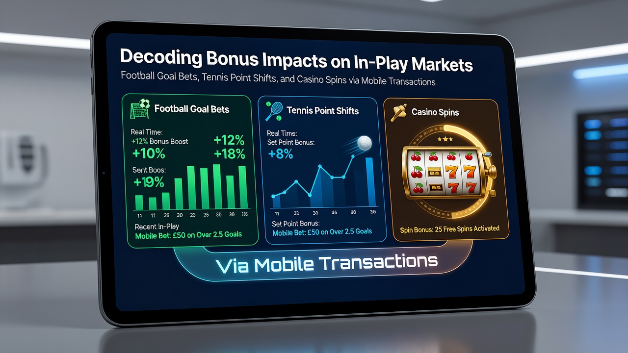Darstellung mobiler Transaktionen bei Live-Wetten auf Fußballtore, Tennis-Punkte und Casino-Spins mit Bonusintegration