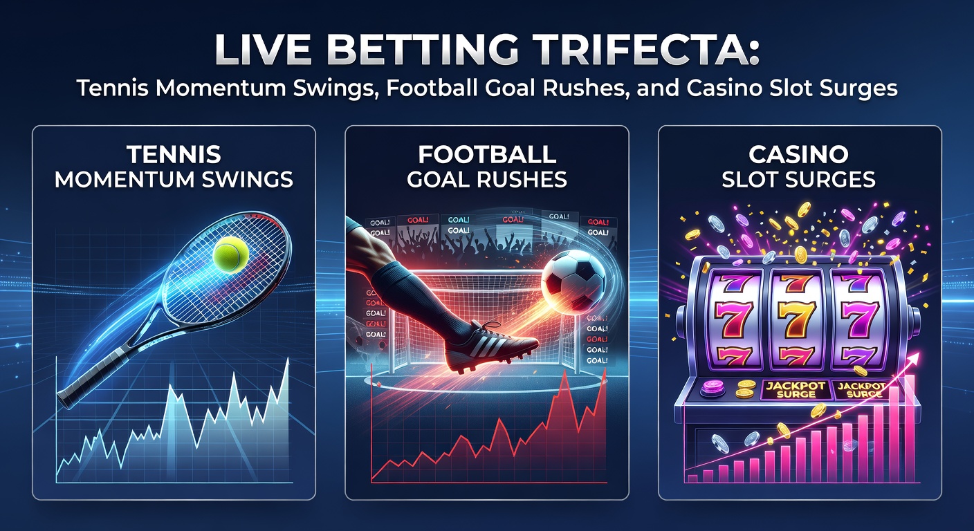 Dynamische Live-Wetten-Szene mit Tennis-Schläger, Fußballtor und Casino-Slots, die Schwung und Action einfangen
