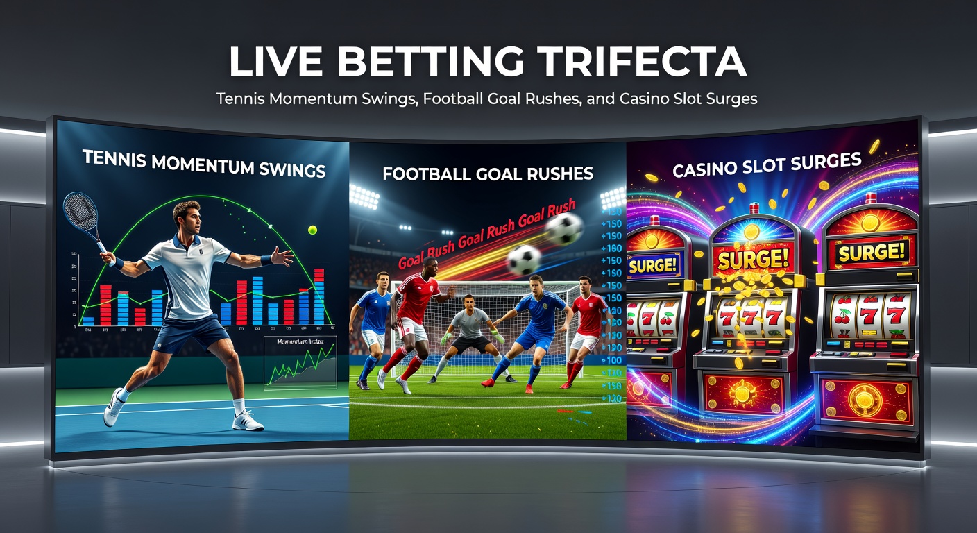 Fußballtor-Rush-Moment mit jubelnden Fans und Tennis-Swing in Aktion, ergänzt durch Casino-Slot-Gewinne