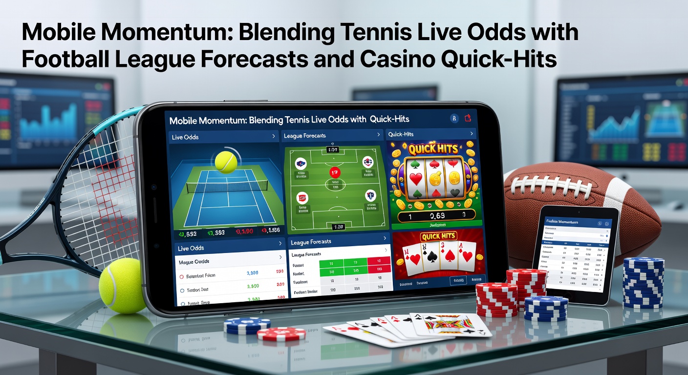 Smartphone mit Tennis-Match, Fußball-Statistiken und Casino-Slots im Vordergrund, symbolisiert mobiles Wetten-Multitasking