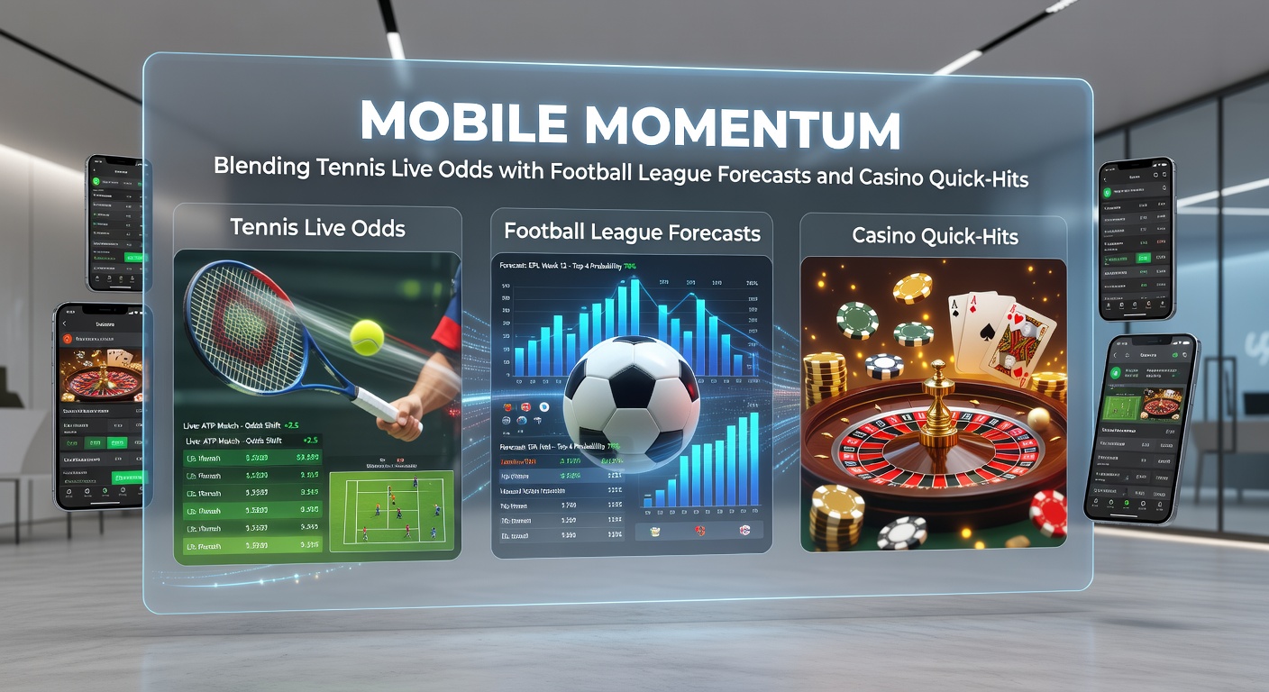 Mobile App-Screenshot mit überlagerten Tennis-Live-Odds, Fußball-Liga-Tabelle und Casino-Spielfeldern, illustriert nahtloses Blending