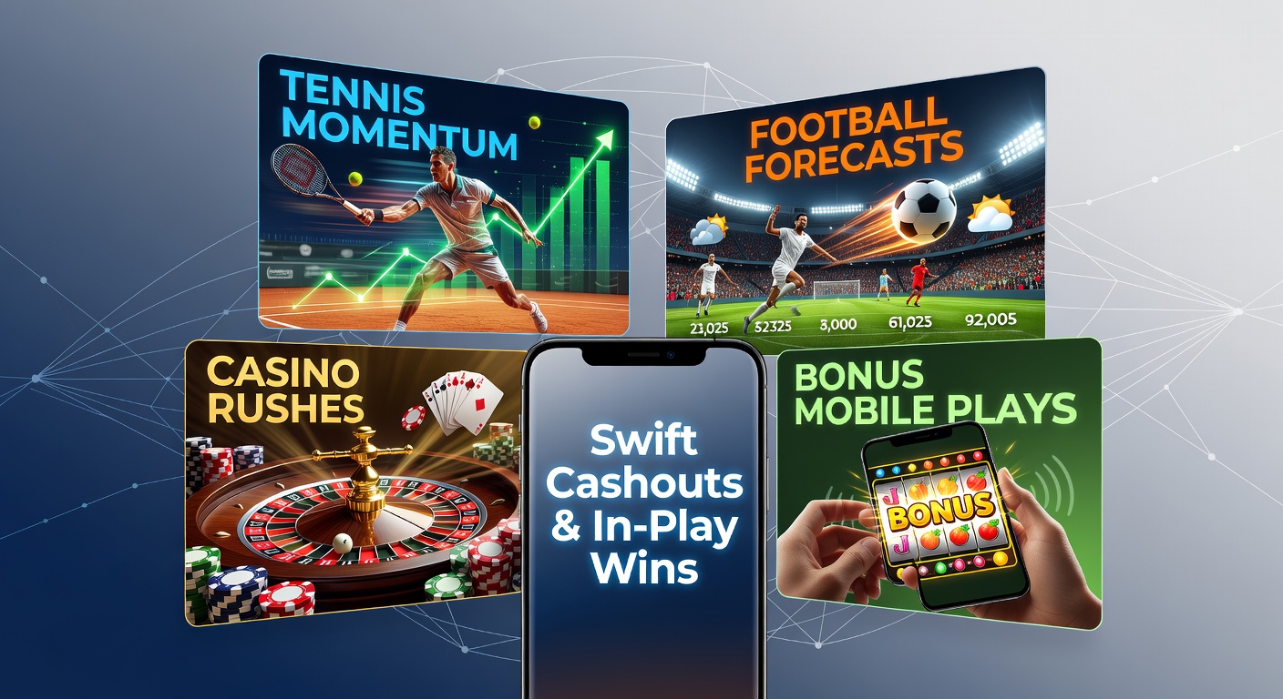 Grafik mit dynamischen Sportwetten-Elementen: Tennisball im Flug, Fußballtor, Casino-Chips und Smartphone mit Bonus-Anzeige