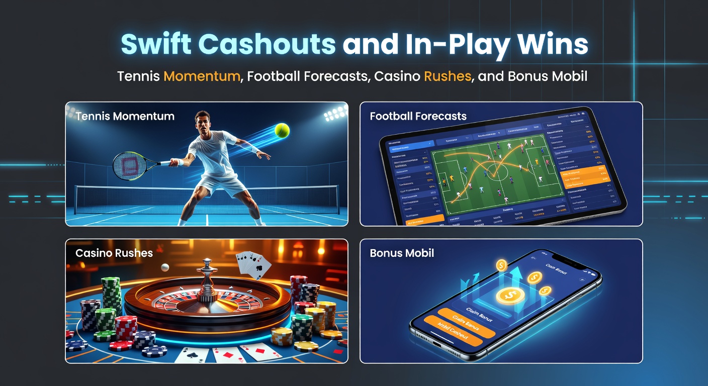 Szene mit Tennis-Spielern im Momentum-Duell, Fußball-Fan-Analyse, Casino-Roulette-Rad und Mobile-App mit Bonus-Symbolen